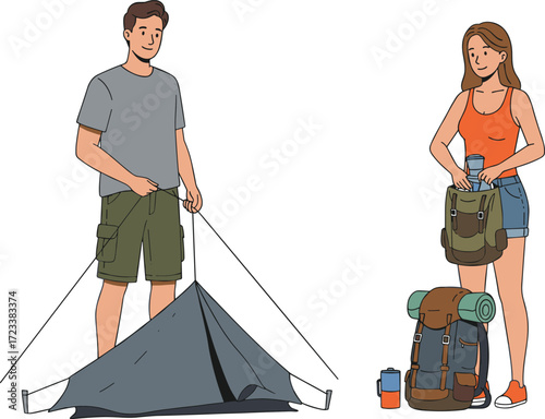 Camping preparation, outdoor adventure, hiking gear, tent setup, summer travel, backpack essentials, nature trip, wilderness lifestyle, friends camping, travel equipment