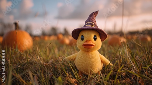 An adorable yellow rubber duck wea a purple witch's hat stands in a field of pumpkins at sunset creating a charming autumn Halloween scene perfect for seasonal celebrations and