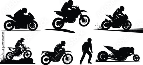 Motorcycle rider silhouette set, sport bike illustration, motocross stunt graphic, motorbike racing design, extreme sports vector, biker action collection