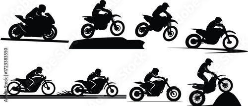 Motorcycle stunt silhouette set, dirt bike jump illustration, motocross rider vector, extreme sport graphic, motorbike racing design, biker action collection