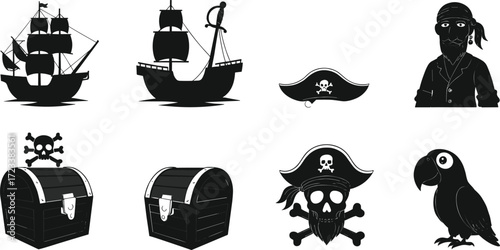 Pirate ship, treasure chest, pirate hat, captain, skull, crossbones, parrot, sea adventure, sailing, buccaneer, island, ocean, nautical, map