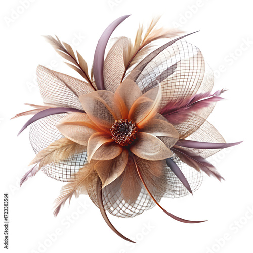 An intricate floral fascinator or hair accessory, featuring delicate petals, feathers, and mesh, isolated on transparent background