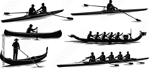 Rowing boats, canoe silhouettes, kayak paddling, dragon boat, gondola rowing, team rowing, water sports, boat silhouettes, paddle sport design