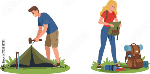 Camping preparation, outdoor adventure, tent setup, backpack gear, travel lifestyle, teamwork, nature exploration, hiking essentials, summer trip, wilderness experience, forest camping