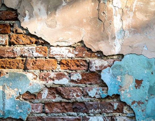 Weathered brick wall with peeling paint