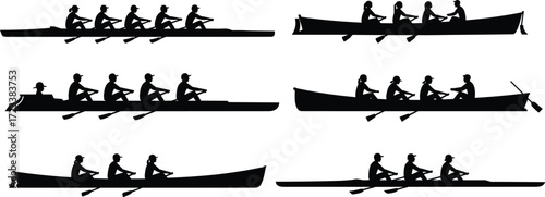 Rowing team silhouettes, rowers vector set, crew boat clipart, sculling icons, sports rowing illustration, racing team graphics, oar boat silhouettes