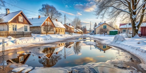 Fototapeta Naklejka Na Ścianę i Meble -  Snowy streets of small town Latvia with frozen puddles and icy piles of snow