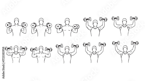 Diverse hand drawn figures performing various dumbbell exercises for fitness and strength training silhouette