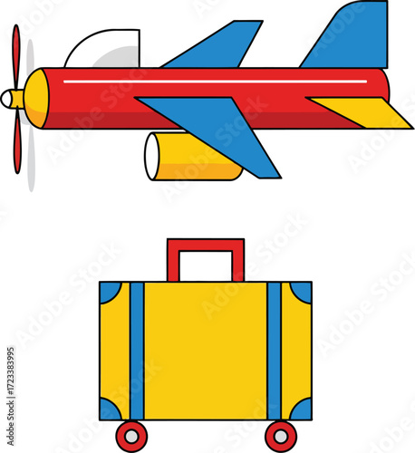 Red blue yellow airplane and suitcase propeller