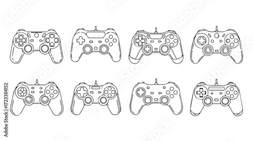 Set of eight video game controller line drawings for digital gaming and entertainment concepts silhouette