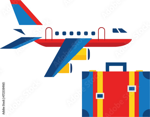 Red blue yellow airplane and suitcase travel luggage aircraft