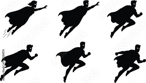 Superhero flying silhouettes, hero action poses, comic character vector, superhero clipart, strong man illustration, cape figure, superhero graphic design