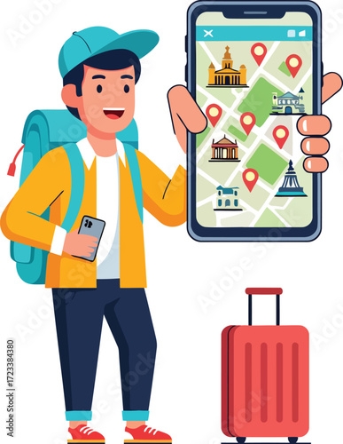 Traveler with backpack and suitcase holding phone showing map with landmarks vector