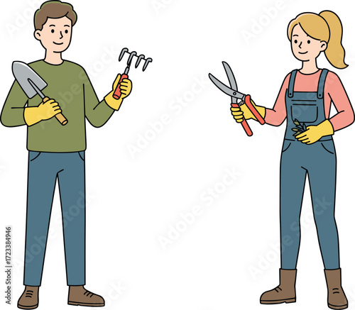 Cartoon gardeners, man and woman, gardening tools, outdoor work, spring activity, pruning shears, trowel, teamwork, gloves, overalls, planting, lifestyle, agriculture, horticulture