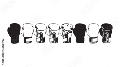 Vibrant rainbow boxing gloves lined up for martial arts and combat sports photography silhouette