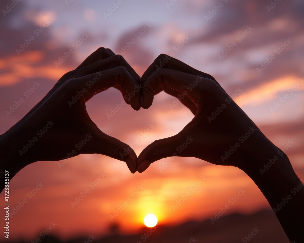Fototapeta premium Heartfelt Sunset: The silhouette of hands forming a heart shape against a fiery sunset, conveying a message of love, connection, and shared moments.