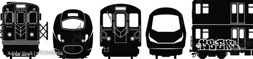 Train front view icons, railway transport vector, subway metro illustration, high speed train graphic, locomotive design, urban transit collection, travel symbol