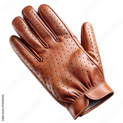A closeup of a tan leather driving glove with perforations on the fingers and palm, isolated on transparent background
