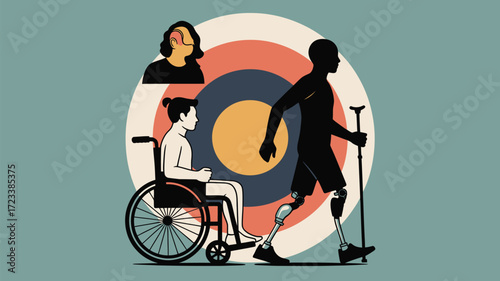 Illustration depicting people with disabilities including wheelchair and prosthetic limb users