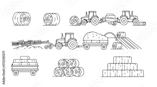 Farming equipment collection rural harvest agriculture rural tractor bale farm machine silhouette