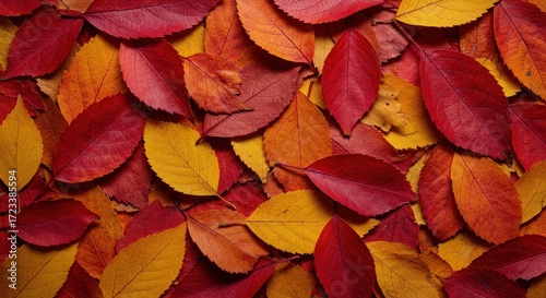 Colorful Autumn Leaves on Ground in Vibrant Red and Yellow Tones