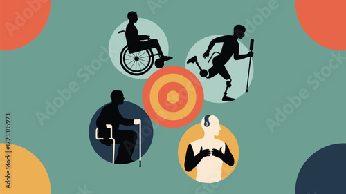 Illustration depicting individuals with disabilities and assistive technology in a modern style