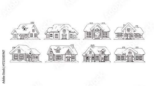 Collection of hand-drawn architectural sketches of cozy houses and cottages artistic architectural design concepts silhouette