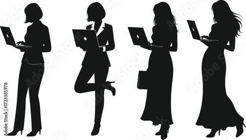 Woman laptop clipart, female entrepreneur silhouette, freelancer remote work vector, businesswoman computer art, digital nomad clip art, office design