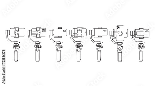 Detailed mechanical drawings of six industrial rotary whisk mechanism prototypes for engineering design silhouette
