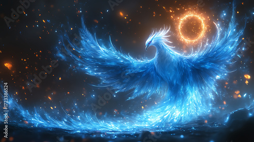 Elegant godly bird with sapphire tail feathers and glowing halo above head 