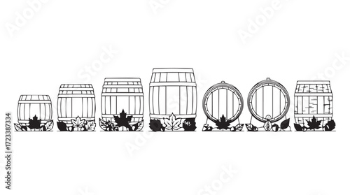 Collection of various glass jars and mini barrels filled with food items and decorations lined up silhouette