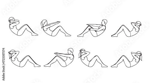 Sequence of figures demonstrating proper sit up exercise technique for core strength training silhouette