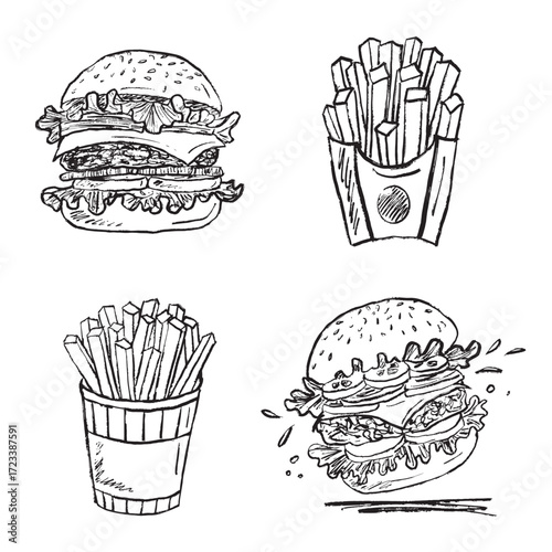 Hand drawn french fries in paper boxes and hamburger. Vector sketch illustration in vintage crayon ink style. Fast food menu design, junk food concept, lunch