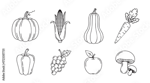 Hand-drawn sketch collection of autumn harvest vegetables and fruits for seasonal designs silhouette