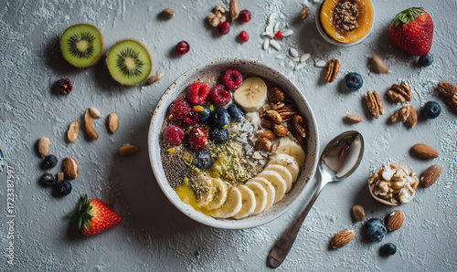 Flat Lay of Healthy Breakfast Bowl with Fruits and Nuts