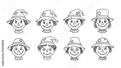 Charming scarecrow faces collection hand drawn sketch style cute autumn characters silhouette