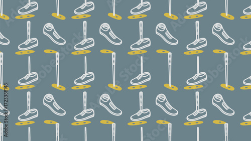Repeating pattern of white outlined shoes and golf clubs on a gray background with yellow accents