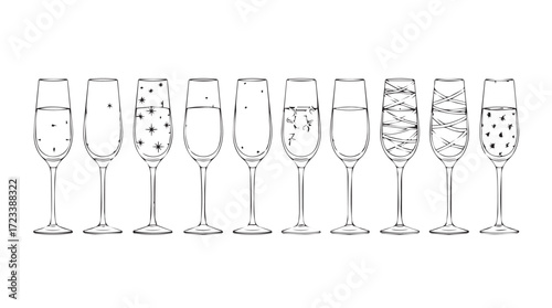 Collection of festive champagne glasses with unique sparkling patterns for celebrations and parties silhouette