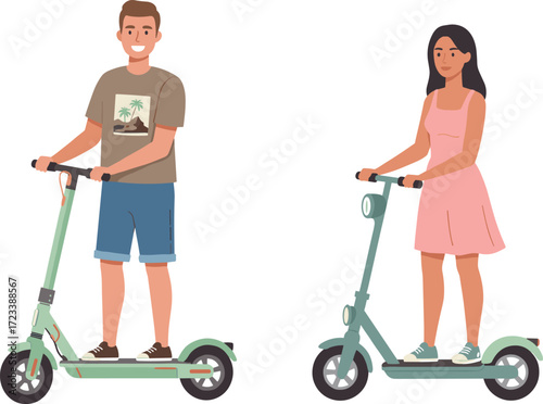 Electric scooter, urban lifestyle, eco transport, casual fashion, outdoor ride, modern mobility, summer outfit, city commute, green energy, youth activity