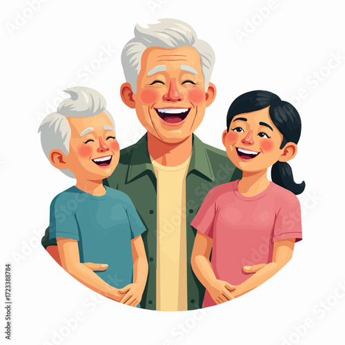 Elderly man laughing with grandchildren in illustrated style  