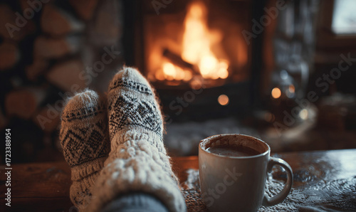 Cozy Evening by Fireplace with Cocoa and Warm Socks