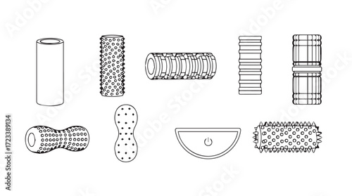 Collection of massage rollers and tools for body muscle relaxation and therapy silhouette