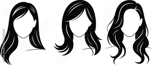Female hairstyle illustration, trendy hair design, faceless beauty art, fashion haircuts, wavy styles, layered look, elegant hair, vector portrait