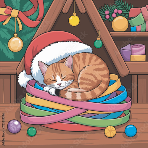 Ginger Cat Nap in Santa Hat on Ribbons Nest Cute Holiday Scene with Ornaments and Wooden Shelf