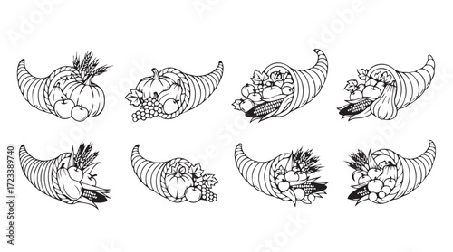 Eight outline drawings of tigers emerging from cornucopias full of flowers and fruit silhouette