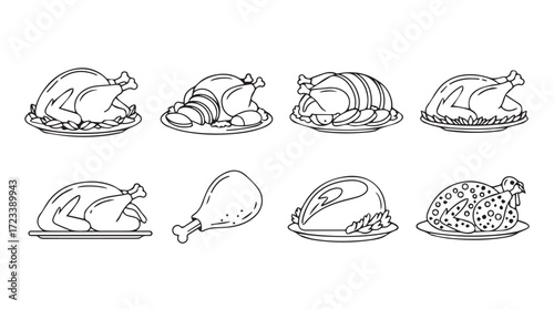 Hand drawn collection of delicious roasted chickens and turkeys for culinary design silhouette