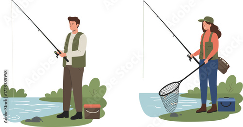 Fishing, outdoor activity, nature, lake, river, anglers, weekend leisure, green landscape, tackle box, fishing net, cooler, rods, peaceful scene