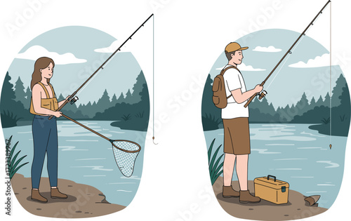 Fishing, lake, outdoor, nature, couple, forest, adventure, rods, gear, peaceful, hobby, summer, trees, water, boots, tackle, relaxing, scenic, wilderness, lifestyle