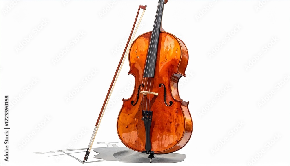Fototapeta premium Elegant cello with bow resting nearby, perfect for music education or classical performance promotions, offering a touch of sophisticated artistry