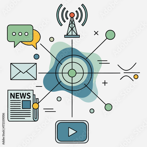 Abstract illustration depicting the intricate web of digital communication and media, connecting global information channels, news, and video content